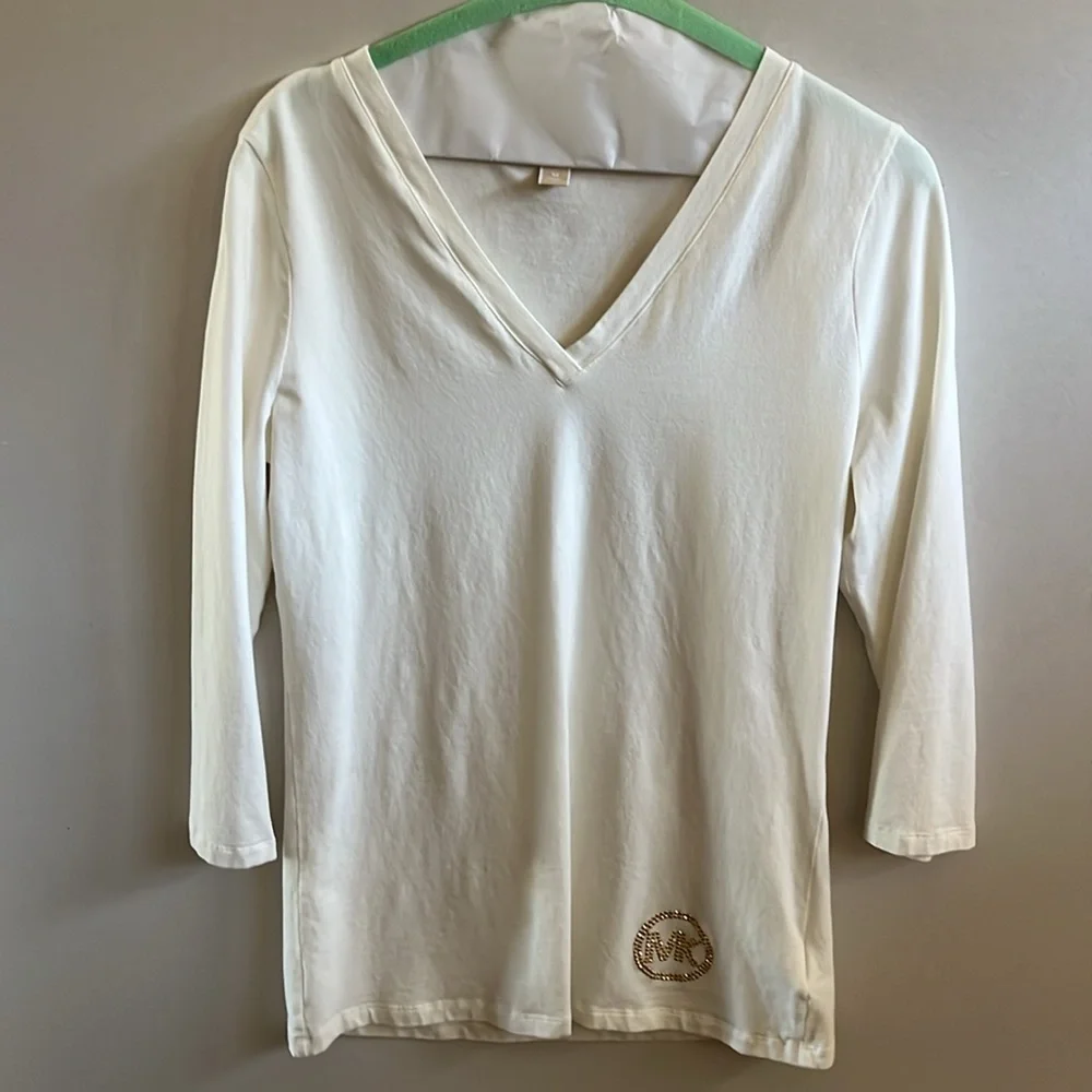 MICHAEL KORS CREAM 3/4SLEEN V-NECK TOP COTTON SPANDEX BLEND LIGHTWEIGHT MEDIUM
